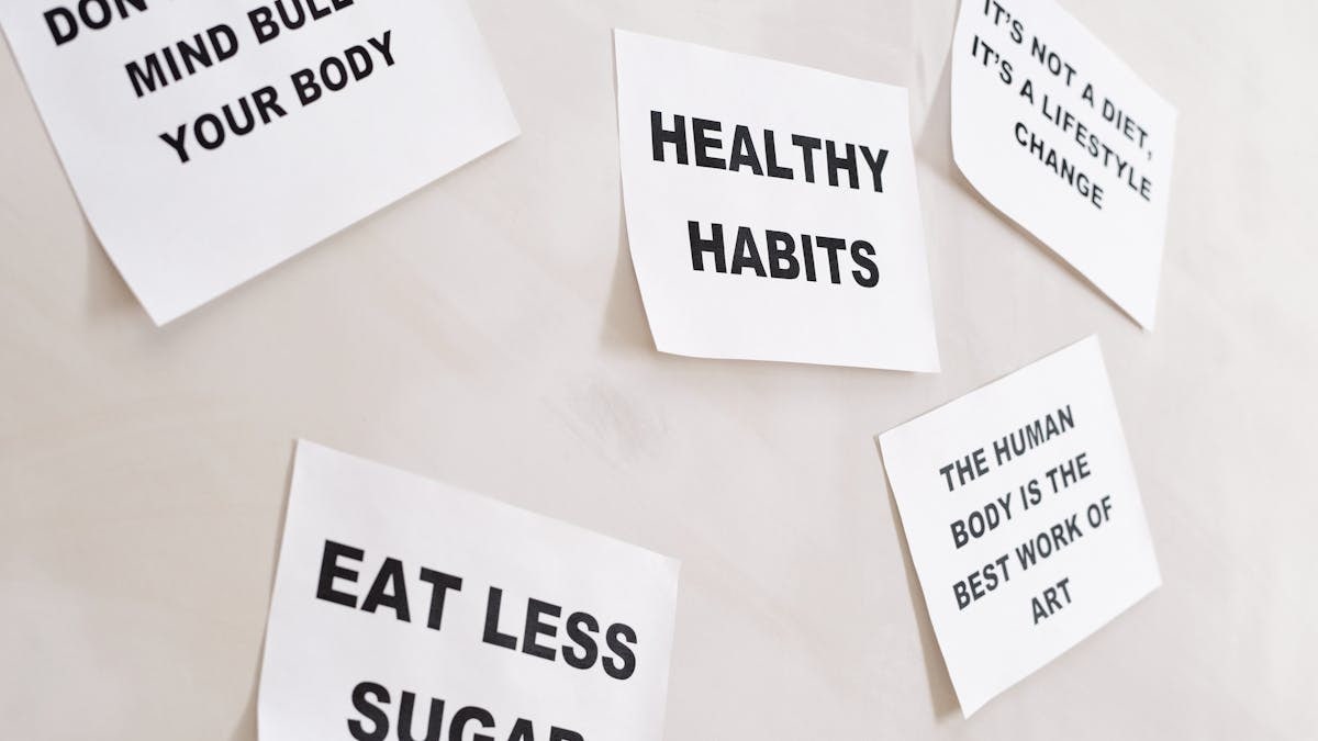 Inspirational health-themed text posters promoting a healthy lifestyle, focus on positive habits.